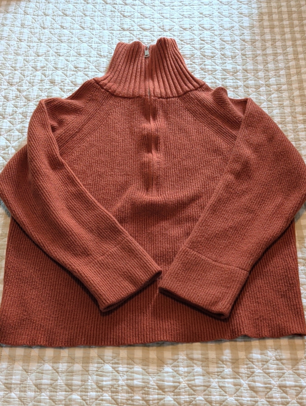 Half-Zip Ribbed Turtleneck Sweater in Rust